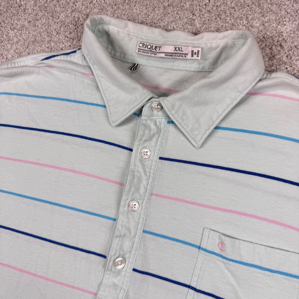 Criquet Polo Shirt Mens XXL Green Striped Organic Cotton Short Sleeve Pocket
